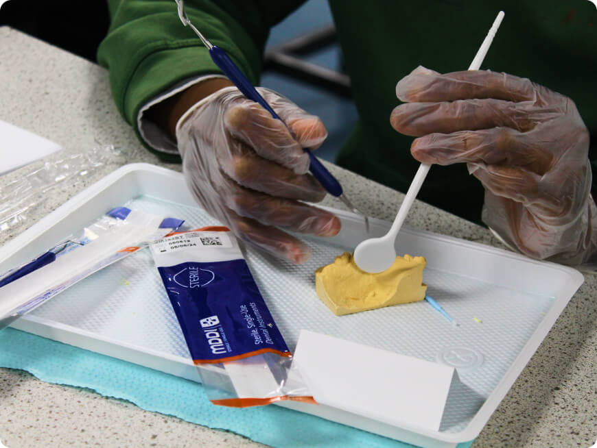 A person with gloves on and holding something in their hand.