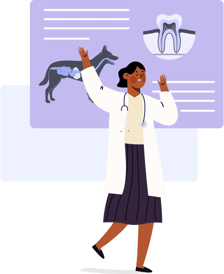 A woman in white lab coat and stethoscope standing next to a dog.