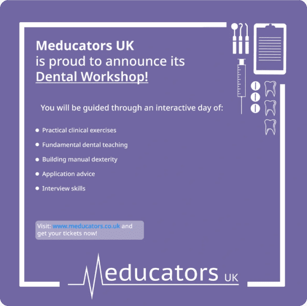 A purple poster with the words meducators uk is proud to announce its dental workshop.