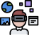 Here's an alt tag for the image: `Person wearing VR headset, surrounded by icons`